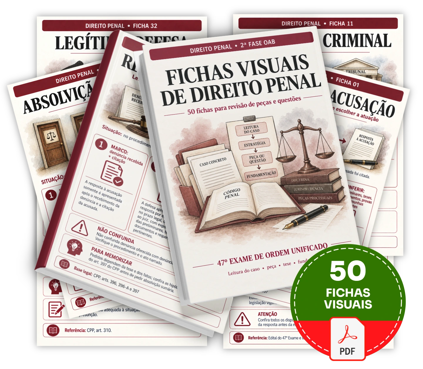 50 fichas visuais para preparar sua revisão de peças e questões de Direito Penal na 2ª fase do 47º Exame da OAB.